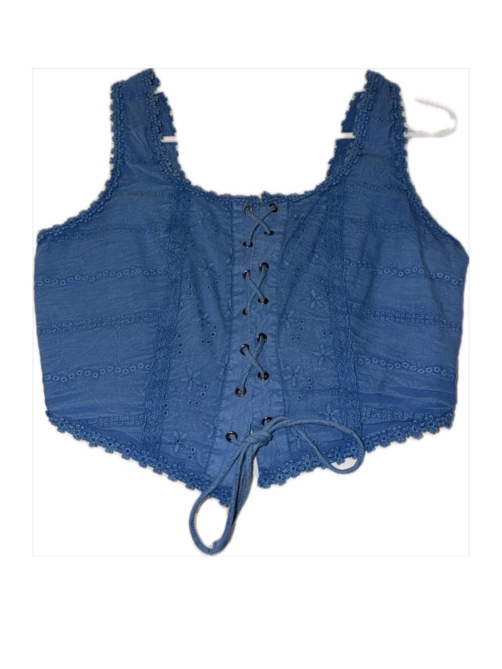 Japna Blue Lace-Up Eyelet Crop Tank